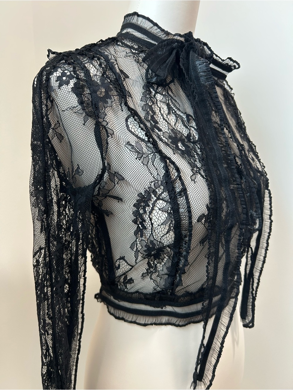 Beulah Black Sheer Lace Tie-Neck Blouse